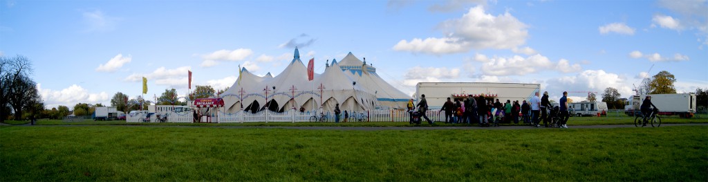Panoramic photograph of the entrance to Chipperfields Circus on Midsummer Common in Cambridge.