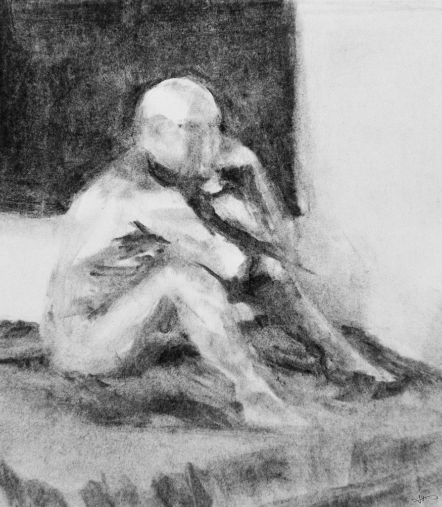 Photograph of a charcoal life drawing, figure is sat with arms somewhat crossed and supporting head with left hand.
