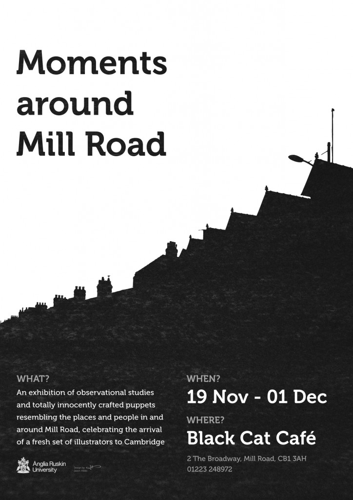Poster depicting a silhouette of Mill Road, and information about the event.