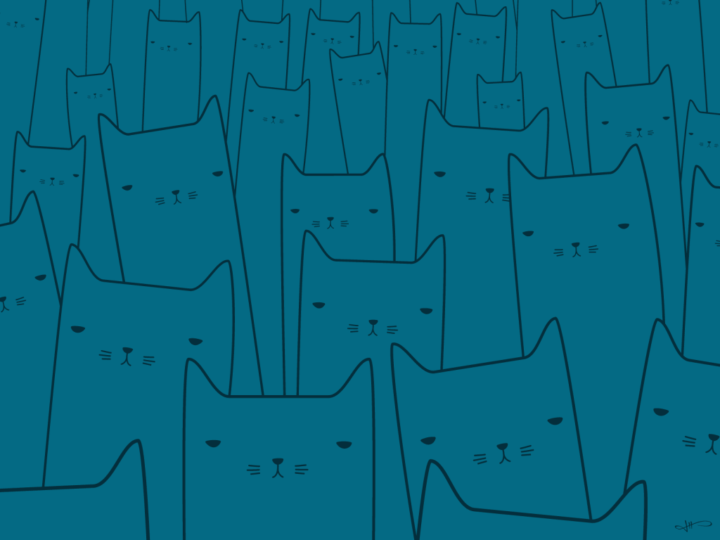 A collection of cats with creepy eyes concentrating on you. Blue and dark outline.