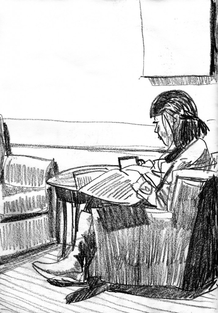 Chinagraph, mainly tonal drawing of a figure sat reading and drinking in Starbucks