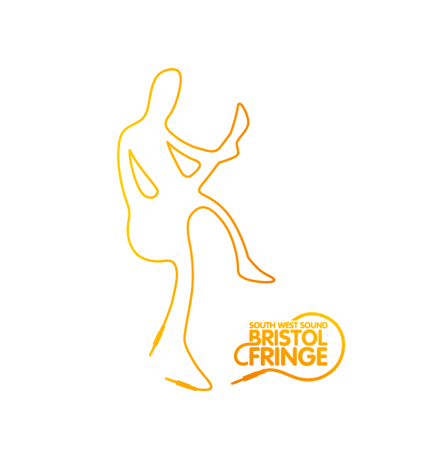 Outline of a guitarist and a logo made from an orange 6.35mm audio jack cable. Vector logo and mascot for the Bristol Fringe of 2008.