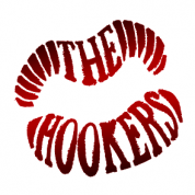 Deep red vector logo design, a print of a set of lips in which can be read The Hookers.