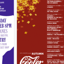 Two posters designed for music nights in Bristol. On the left is a white Texas shape on a purple background for a SXSW send-off gig. On the right, an autumn themed events listing for The Cooler on Park Street.