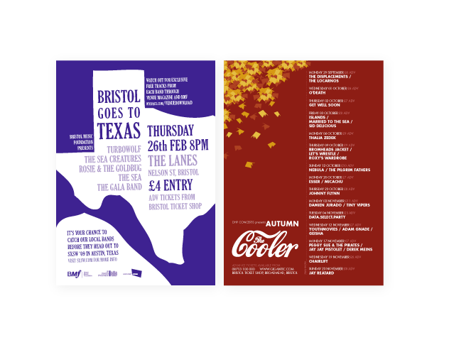 Bristol Posters Two posters designed for music nights in Bristol. On the left is a white Texas shape on a purple background for a SXSW send-off gig. On the right, an autumn themed events listing for The Cooler on Park Street.