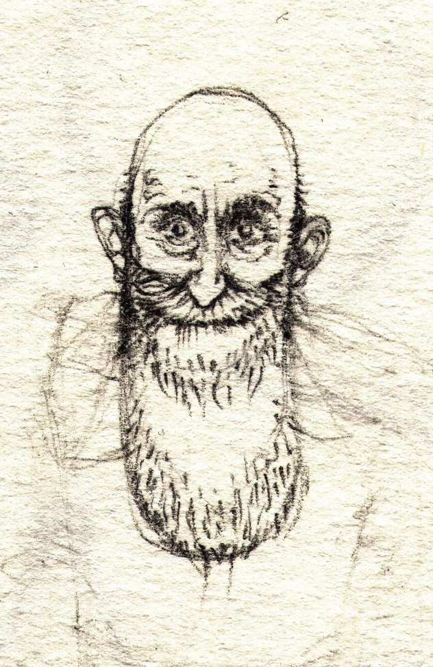 Portrait of Mr. Schusters floating head. Pencil sketch in sketchbook.