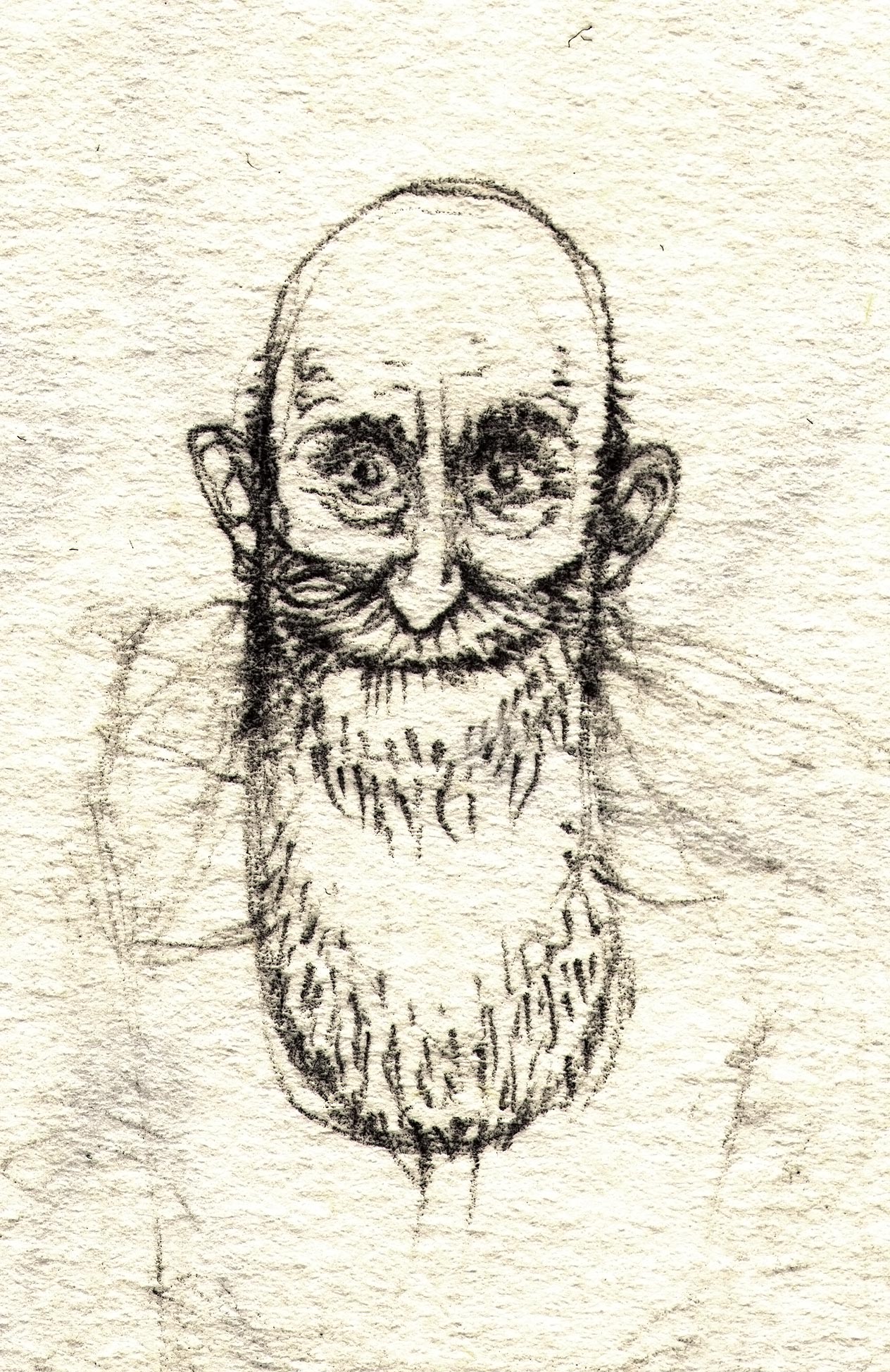 Portrait of Mr. Schusters floating head. Pencil sketch in sketchbook.