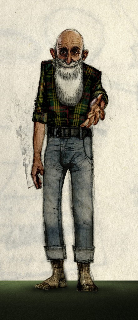 Pencil and photo composite of Mr. Schuster wearing his favourite shirt and standing on carpet, as usual.
