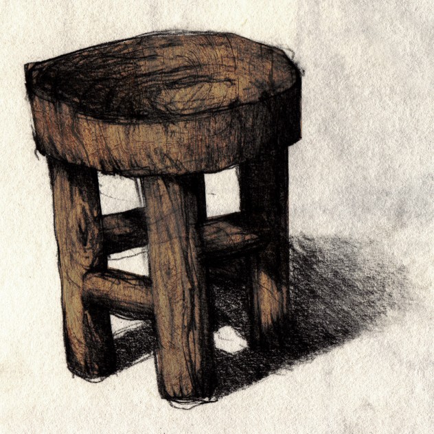 Pencil sketch of a handmade, wooden stool. Scanned and treated to some woodgrain in photoshop.