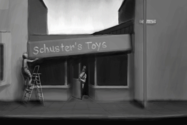 Tonal sketch of Mr Schuster moving in to his shop on Gwydir St, Cambridge