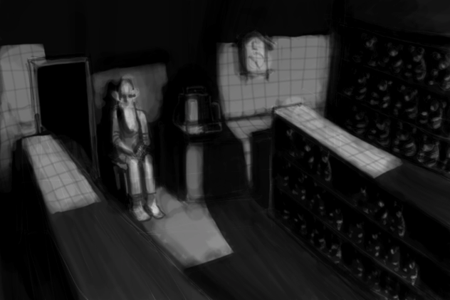 Tonal sketch of Mr Schuster sitting in his shop, in the dark.