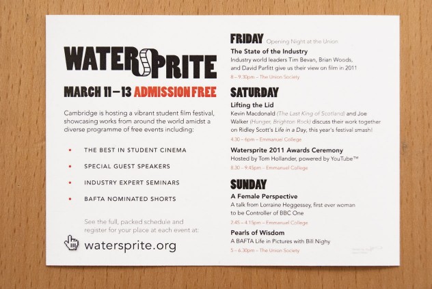 Photograph of the flyer for Watersprite 2011, black and orange text on a white background.