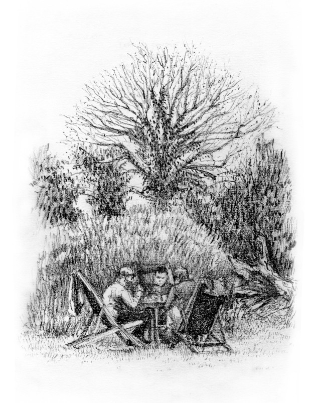 Chinagraph sketch of some gentlemen scoffing scones under a tree in The Orchard of Grantchester, Cambridge