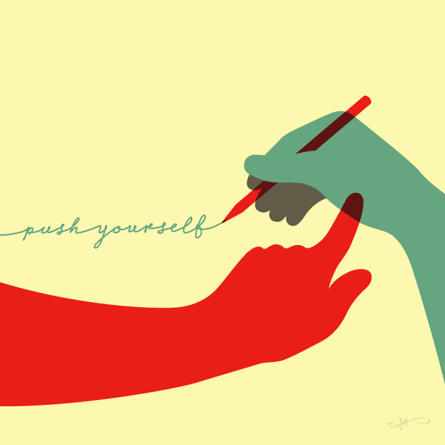 Three colour vector image of a motivating red hand pushing a lifeless blue hand and it's red pencil along, inscribing the words “push yourself” in cursive type.