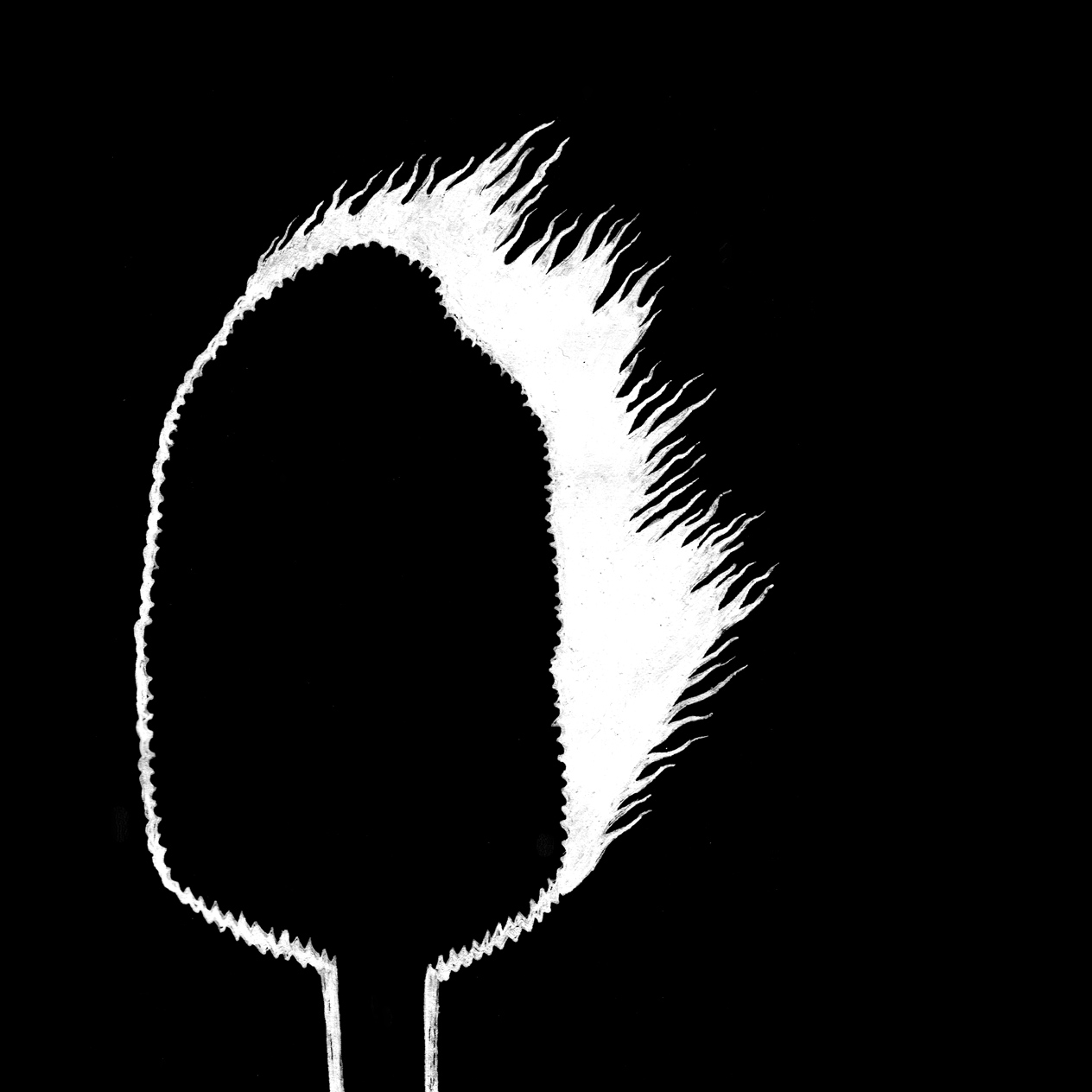 Black and white ink drawing of a tree, vaguely resembling an Ash, aflame