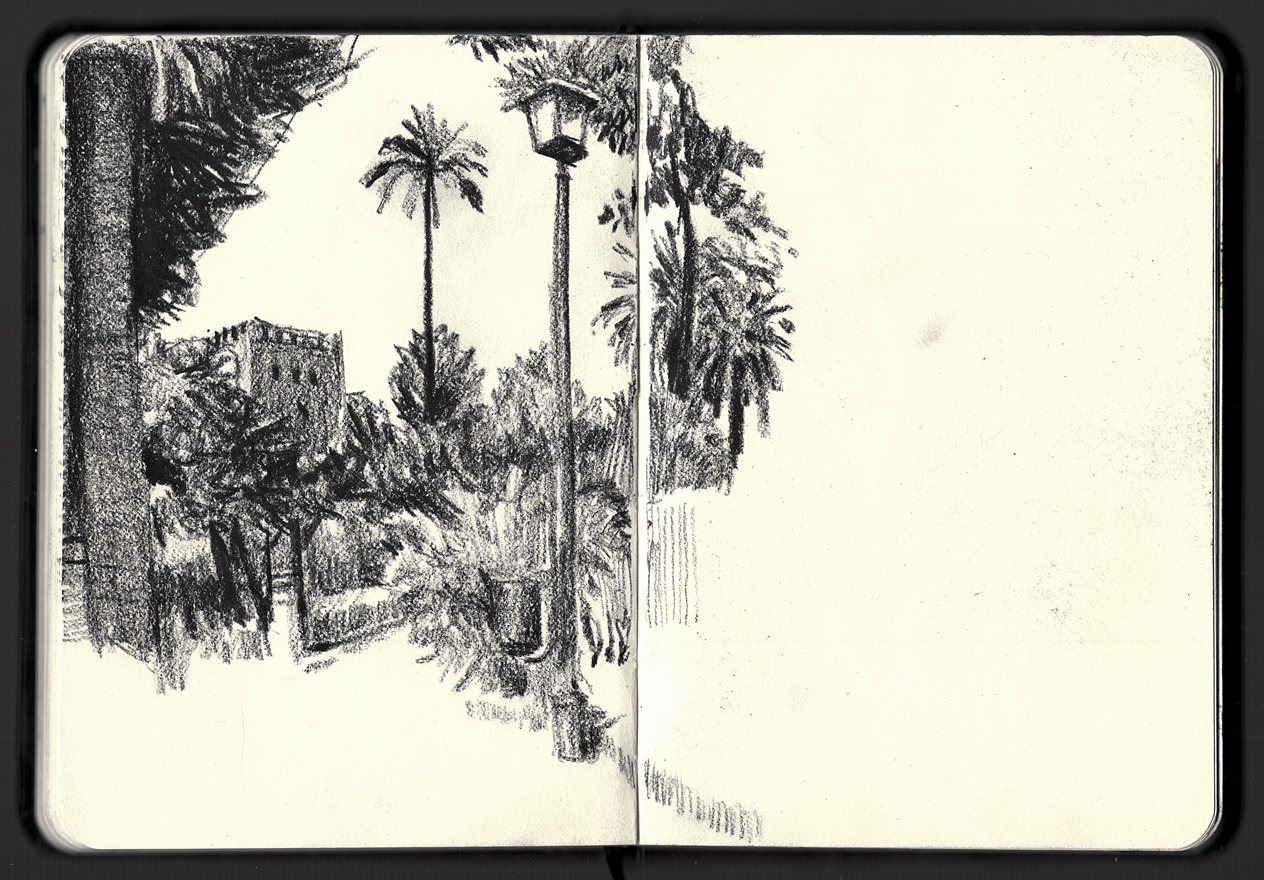 Chinagraph illustration of a view in Seville