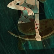 Illustration of Lara Croft crouching on a tree branch in the rain holding a bow and arrow.