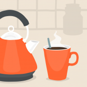 Illustrated poster of a kettle and a cup of coffee, strapline: Great Coffee Served Here