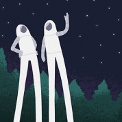 Triptych illustration of spacemen with ridiculously long legs throwing each other into space.