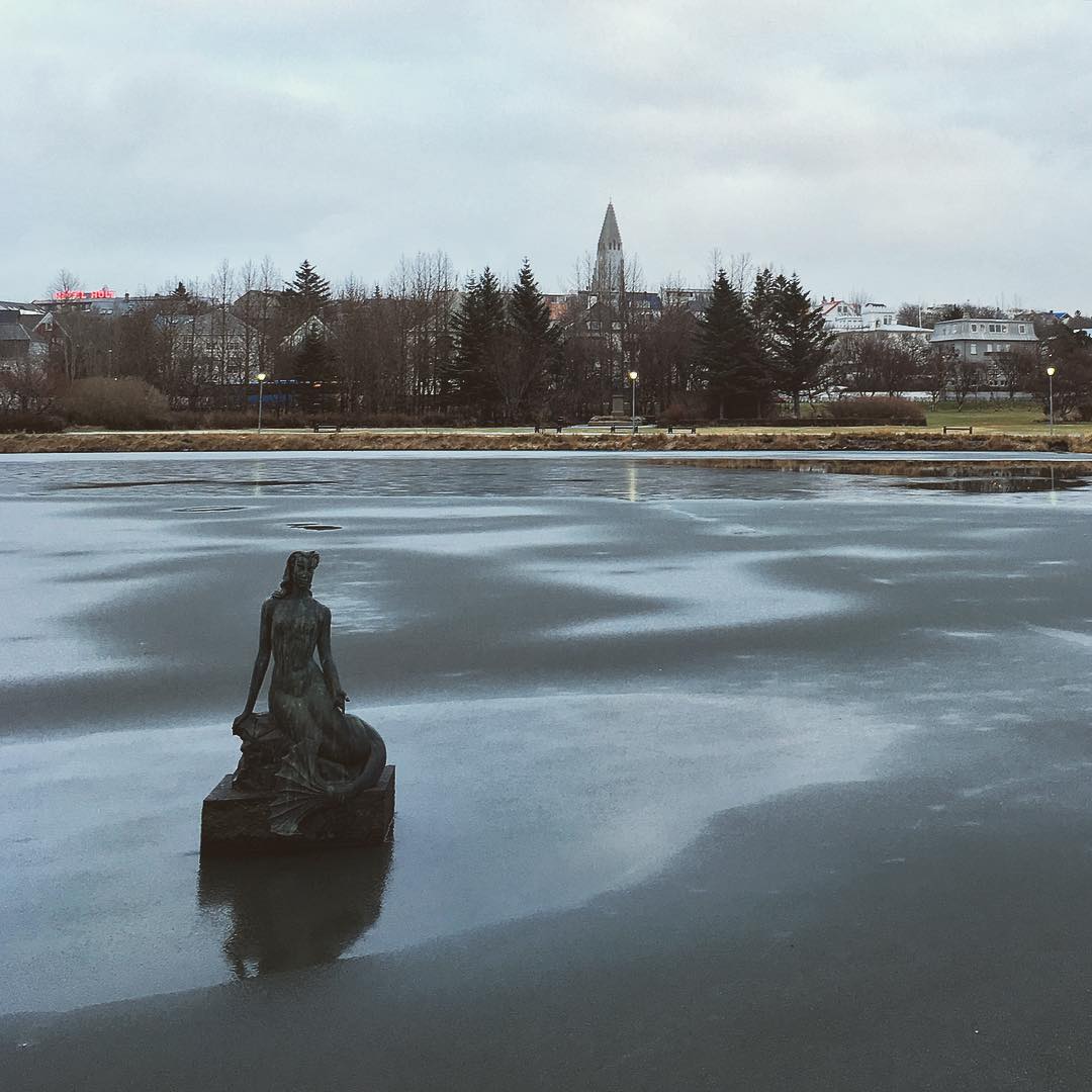There’s a #mermaid in the #lake. They’re quite fond of a #statue or two in #reykjavik. #reykjavík #city #sculpture #water #ice #frozen #landscape #tjornin