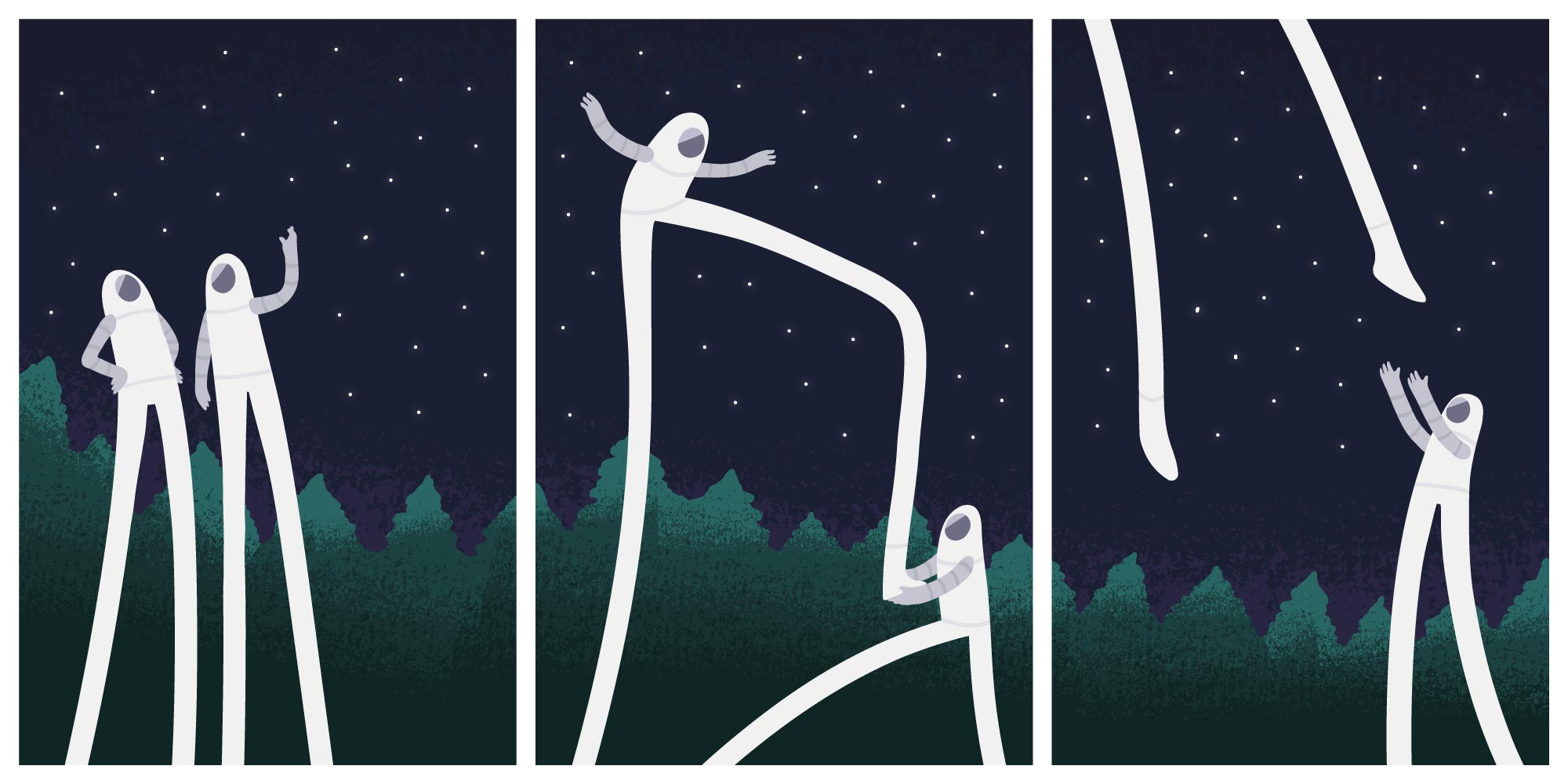 Triptych illustration of spacemen with ridiculously long legs throwing each other into space.