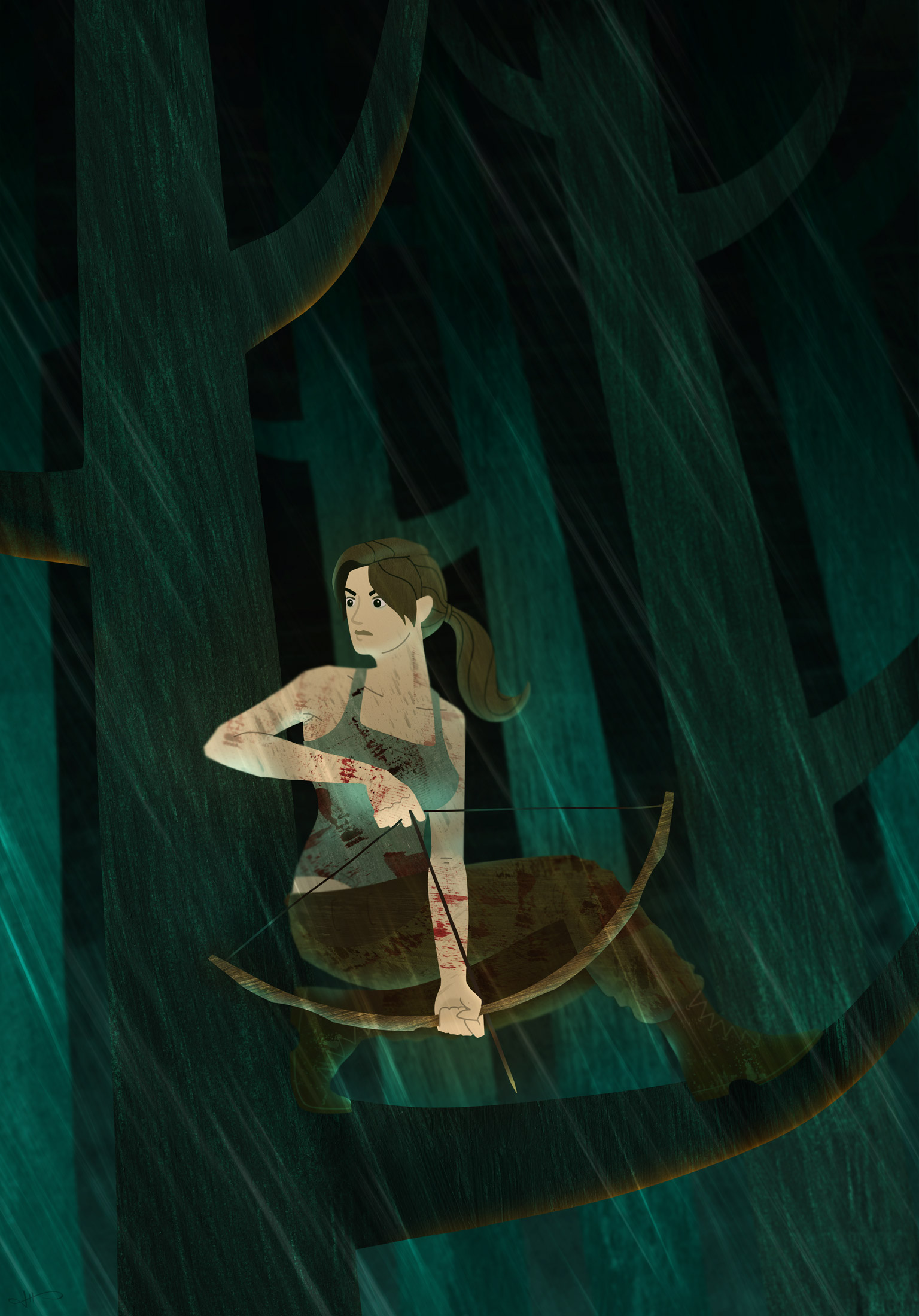 Illustration of Lara Croft crouching on a tree branch in the rain holding a bow and arrow.