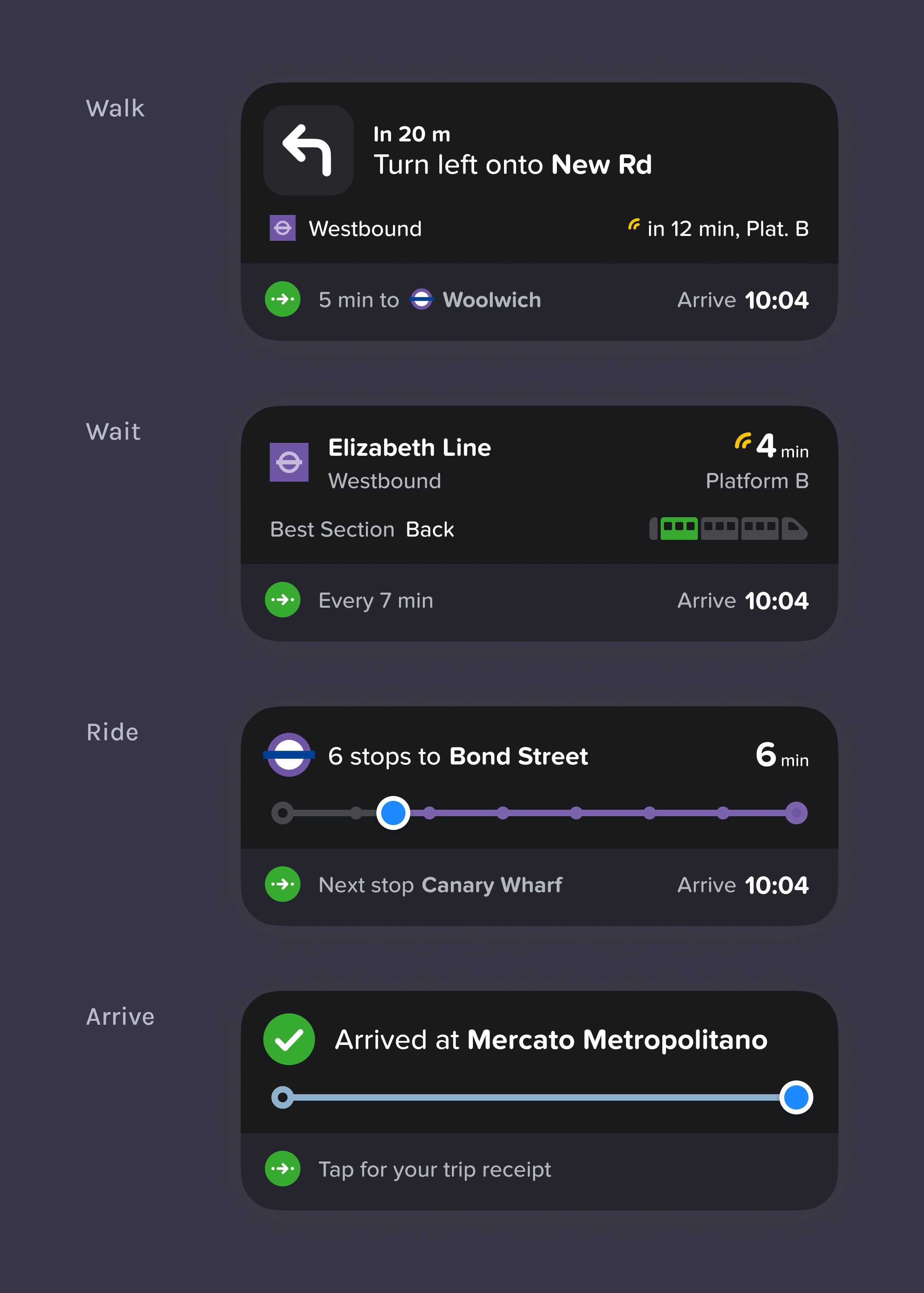 Dark mode examples of the Citymapper Live Activity in walk, wait, ride, and arrive states