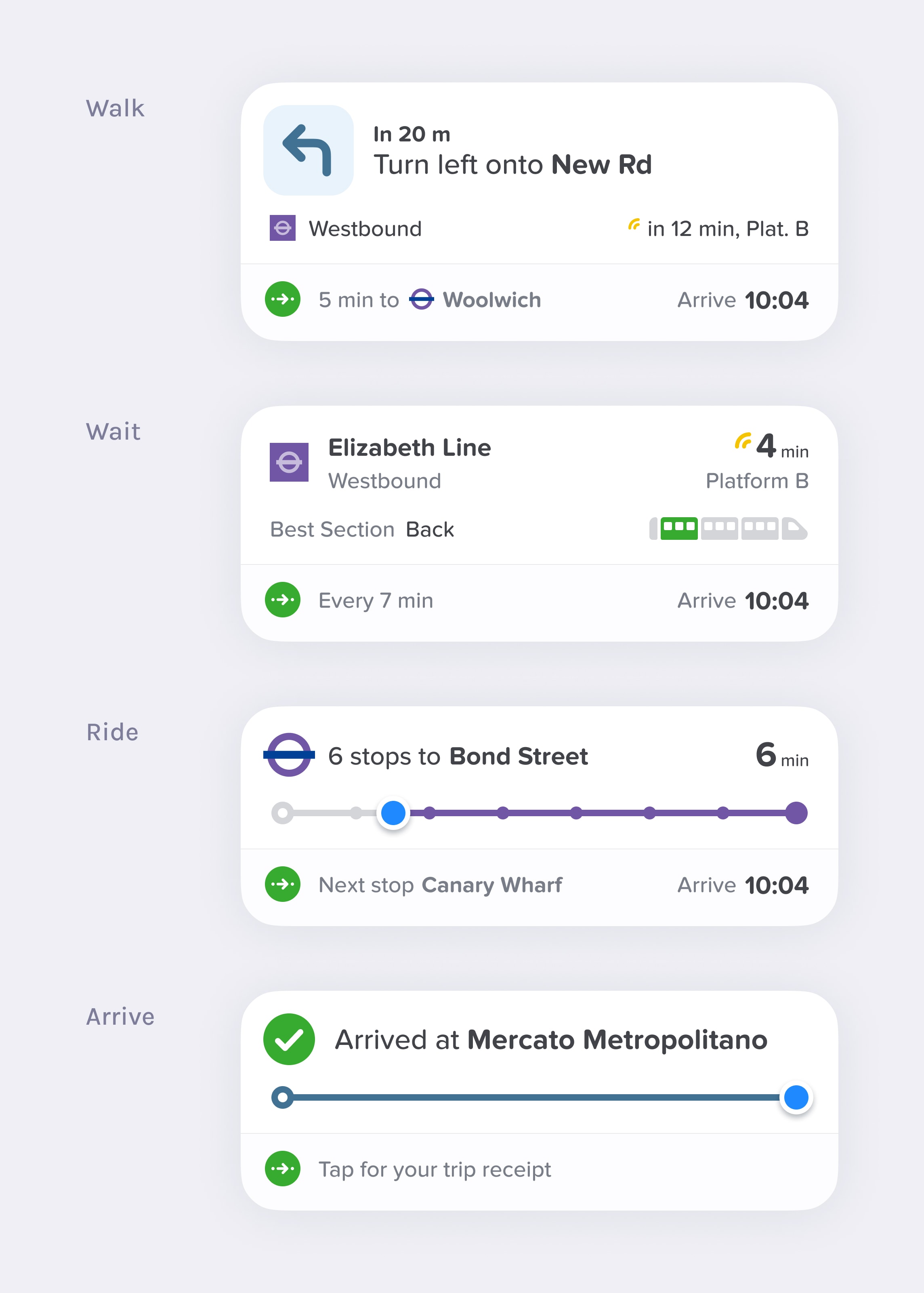 Light mode examples of the Citymapper Live Activity in walk, wait, ride, and arrive states